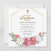 ピンクエレガントのバラ |金ゴールドフローラフレーム女の子バプテスマ 招待状 (正面)