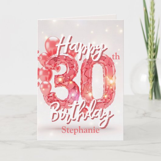 ピンクエレガントのバルーンときらめく宝石30th誕生日 カード (正面)