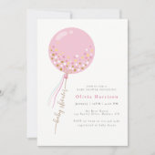 ピンクエレガントのバルーンガール赤ちゃんシャワー 招待状 (正面)
