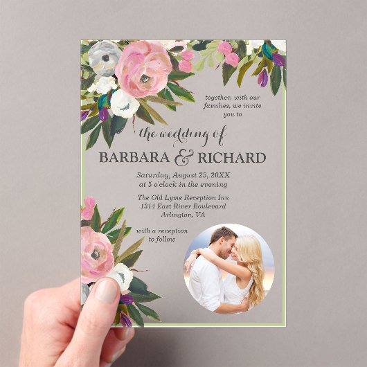 ピンクエレガントのフォトフローラウォーター結婚カラー アクリル招待状 (インサイチュ (ポータブル))