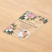 ピンクエレガントのフォトフローラウォーター結婚カラー アクリル招待状 (レイダウン)