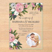 ピンクエレガントのフォトフローラウォーター結婚カラー アクリル招待状 (正面)