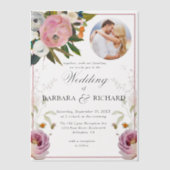 ピンクエレガントのフォトフローラウォーター結婚カラー ベラム紙招待状 (正面)