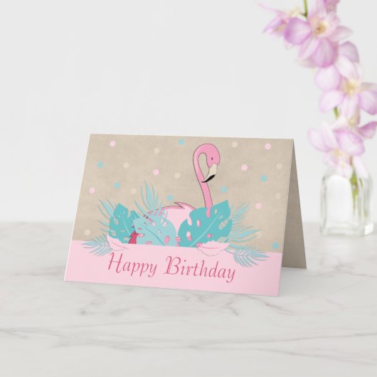 ピンクエレガントのフラミンゴと熱帯葉の カード (蘭)