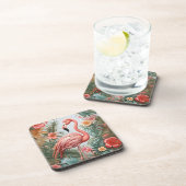 ピンクエレガントのフラミンゴの鳥と熱帯の花 コースター (右側)