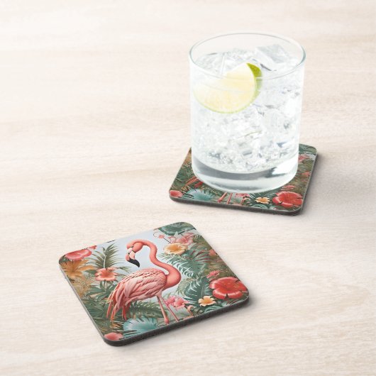 ピンクエレガントのフラミンゴの鳥と熱帯の花 コースター (右側)