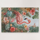 ピンクエレガントのフラミンゴの鳥と熱帯の花 ジグソーパズル (横)