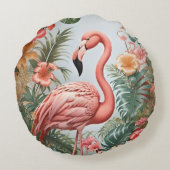 ピンクエレガントのフラミンゴの鳥と熱帯の花 ラウンドクッション (裏面)