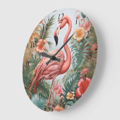 ピンクエレガントのフラミンゴの鳥と熱帯の花 ラージ壁時計 (傾斜)