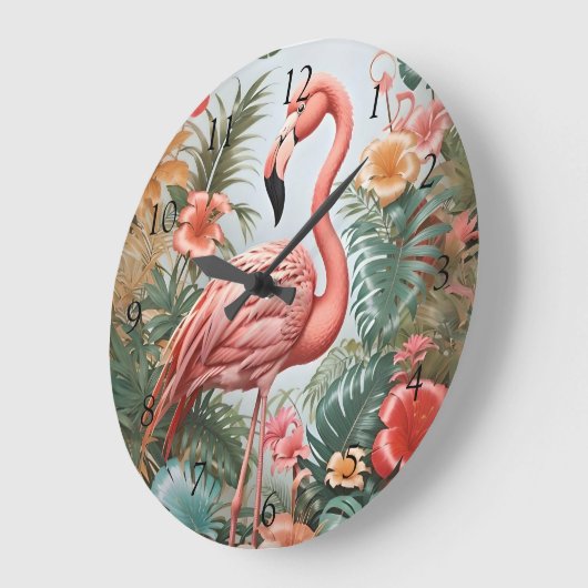ピンクエレガントのフラミンゴの鳥と熱帯の花 ラージ壁時計 (傾斜)