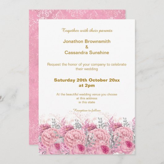 ピンクエレガントのフローラかわいらしダマスク結婚式 招待状 (正面/裏面)