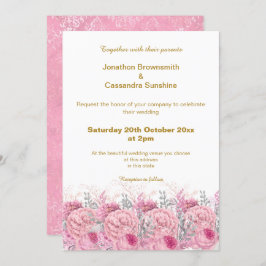 ピンクエレガントのフローラかわいらしダマスク結婚式 招待状