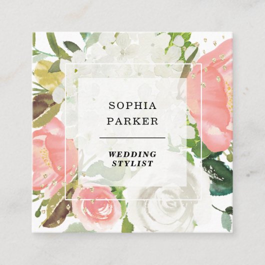 ピンクエレガントのフローラと金ゴールドのフェイク赤面 スクエア名刺 (正面)