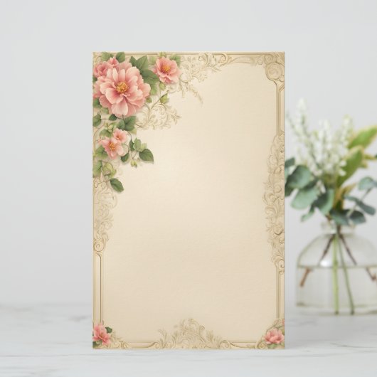 ピンクエレガントのフローラのアイボリー背景 便箋 (スタンド正面)