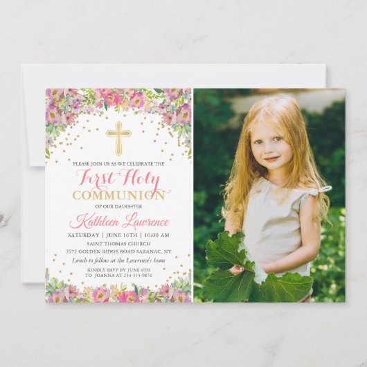 ピンクエレガントのフローラの最初の聖餐式の写真 招待状 (正面)