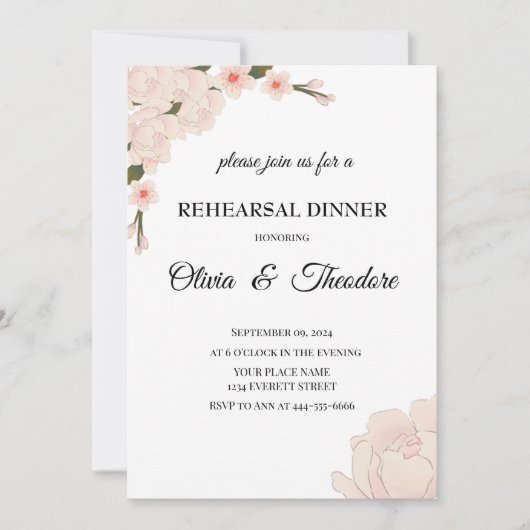 ピンクエレガントのフローラの花のリハーサルディナー 招待状 (正面)