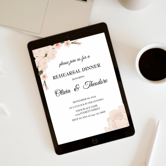 ピンクエレガントのフローラの花のリハーサルディナー 招待状