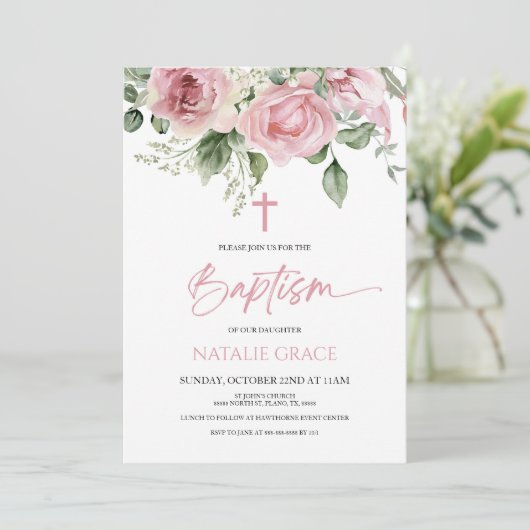 ピンクエレガントのフローラの花の緑の離れバプティス 招待状 (スタンド正面)
