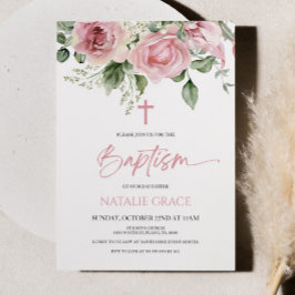 ピンクエレガントのフローラの花の緑の離れバプティス 招待状