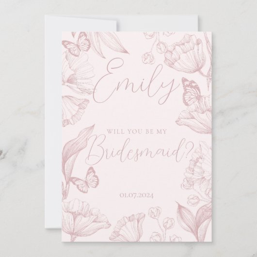 ピンクエレガントのフローラは私の花嫁のメイドになるよ 招待状 (正面)