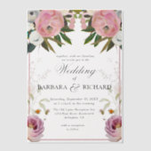 ピンクエレガントのフローラウォーター結婚カラー ベラム紙招待状 (正面)