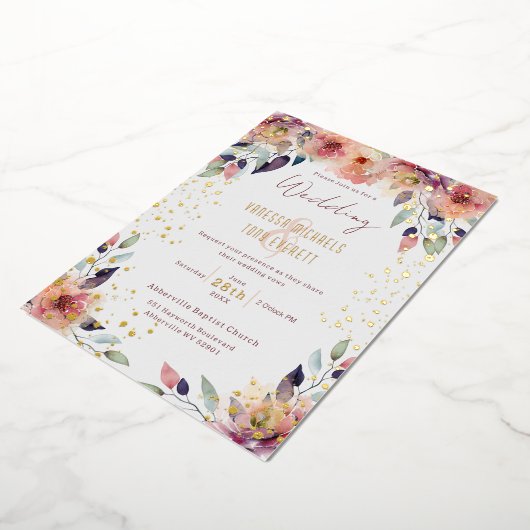 ピンクエレガントのフローラウォーター結婚カラー 箔招待状 (回転した状態)