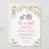 ピンクエレガントのフローラガールエレファントベビーシャワー 招待状 (正面)