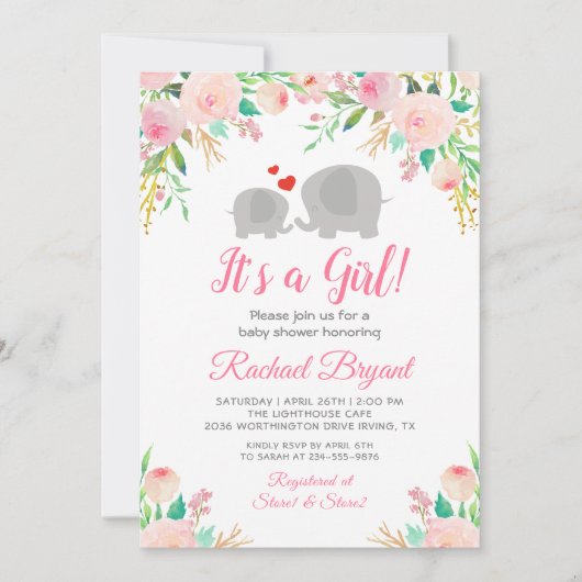 ピンクエレガントのフローラガールエレファントベビーシャワー 招待状 (正面)