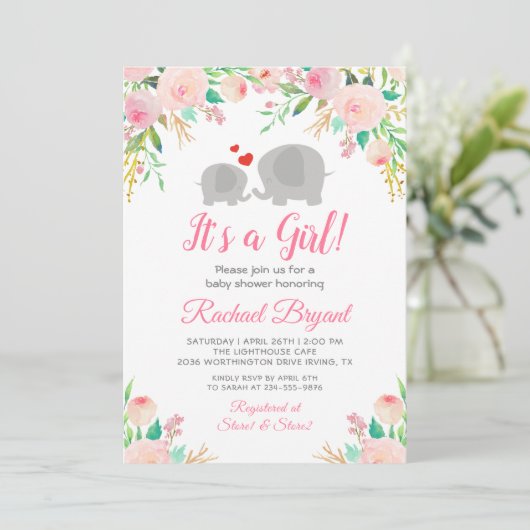 ピンクエレガントのフローラガールエレファントベビーシャワー 招待状 (スタンド正面)