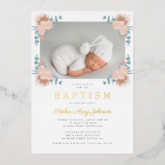 ピンクエレガントのフローラガール写真バプテスマ金ゴールド 箔招待状 (正面)