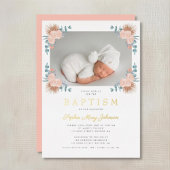 ピンクエレガントのフローラガール写真バプテスマ金ゴールド 箔招待状