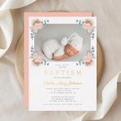 ピンクエレガントのフローラガール写真バプテスマ金ゴールド 箔招待状