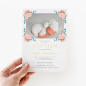 ピンクエレガントのフローラガール写真バプテスマ金ゴールド 箔招待状