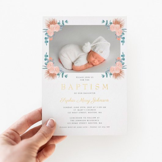 ピンクエレガントのフローラガール写真バプテスマ金ゴールド 箔招待状