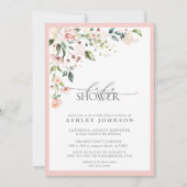 ピンクエレガントのフローラスクリプト女の子の赤ちゃんシャワー 招待状 (正面)