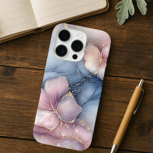 ピンクエレガントのフローラデザインと青の大理石効果 Case-Mate iPhoneケース