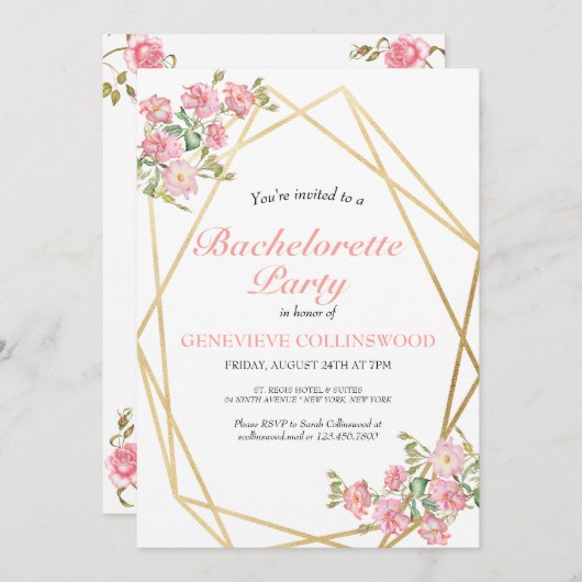 ピンクエレガントのフローラバチェロレッテ 招待状 (正面/裏面)