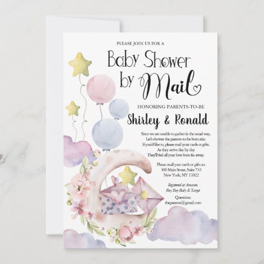 ピンクエレガントのフローラバルーン赤ちゃんシャワー（郵便） 招待状 (正面)