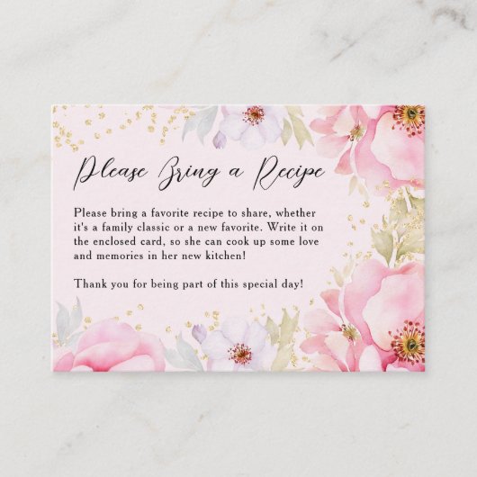 ピンクエレガントのフローラブライダルシャワーがレシピをもたらす エンクロージャーカード (正面)