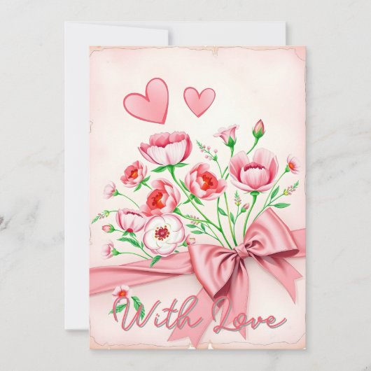 ピンクエレガントのフローラブーケとハートとリボン カード (正面)