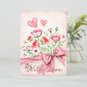 ピンクエレガントのフローラブーケとハートとリボン カード (スタンド正面)