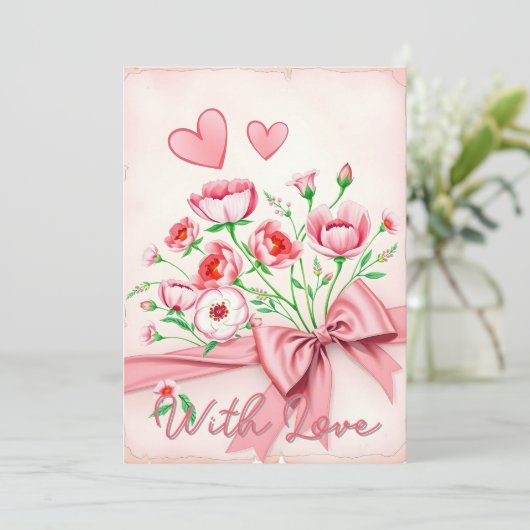ピンクエレガントのフローラブーケとハートとリボン カード (スタンド正面)