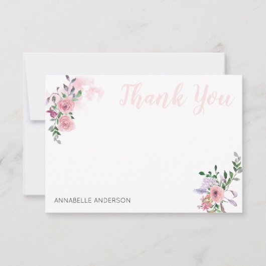 ピンクエレガントのフローラブーケの水彩ありがとう ノートカード (正面)