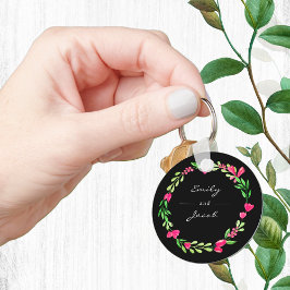 ピンクエレガントのフローラリース黒いカップルの名前 キーホルダー