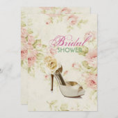 ピンクエレガントのフローラヴィンテージシューズブライダルシャワー 招待状 (正面/裏面)
