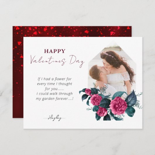 ピンクエレガントのフローラ写真水平バレンタイン シーズンカード (正面/裏面)
