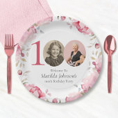 ピンクエレガントのフローラ写真100th誕生日パーティー ペーパープレート