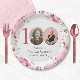 ピンクエレガントのフローラ写真100th誕生日パーティー ペーパープレート