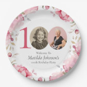 ピンクエレガントのフローラ写真100th誕生日パーティー ペーパープレート (正面)