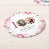ピンクエレガントのフローラ写真100th誕生日パーティー ラウンドペーパーコースター (アングル)